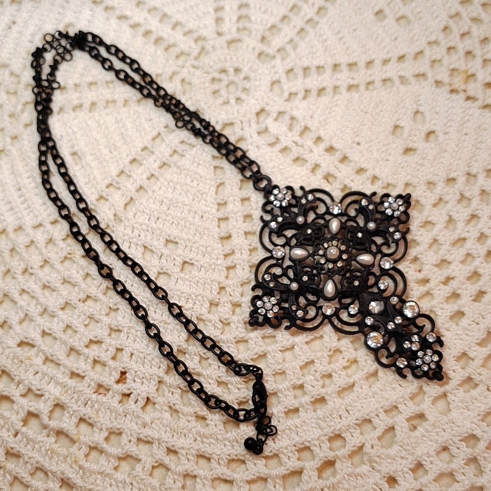 Big Black Ornate Cross Pearl Bead & Stone Necklace 14.5" w 1" Extender